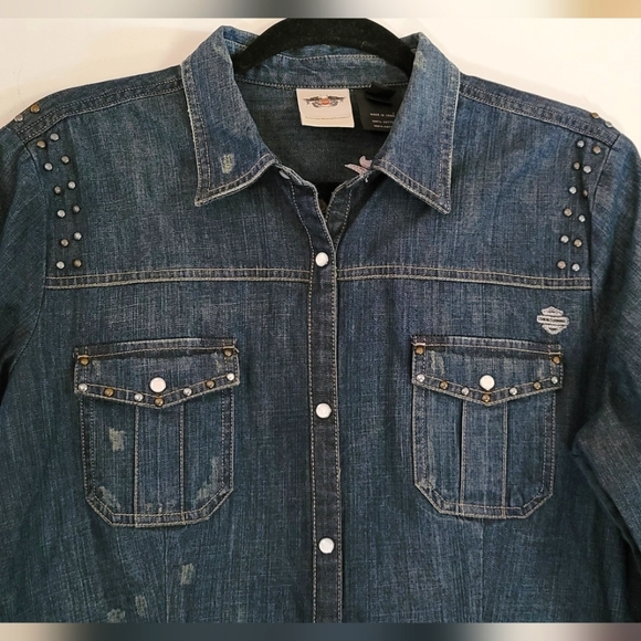 Harley Davidson Logo Embroidered Studded Denim Shirt Pearl Snap Roll Tab Sleeve - Picture 3 of 12